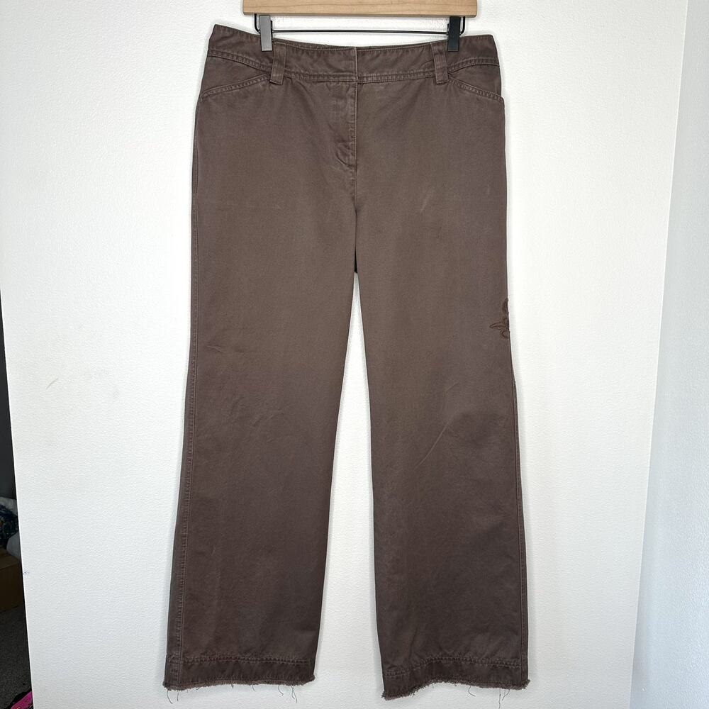 Vintage Y2K NINE WEST Mid Rise Wide Leg Pants Pearl Snap Embroidered Brown Sz 14